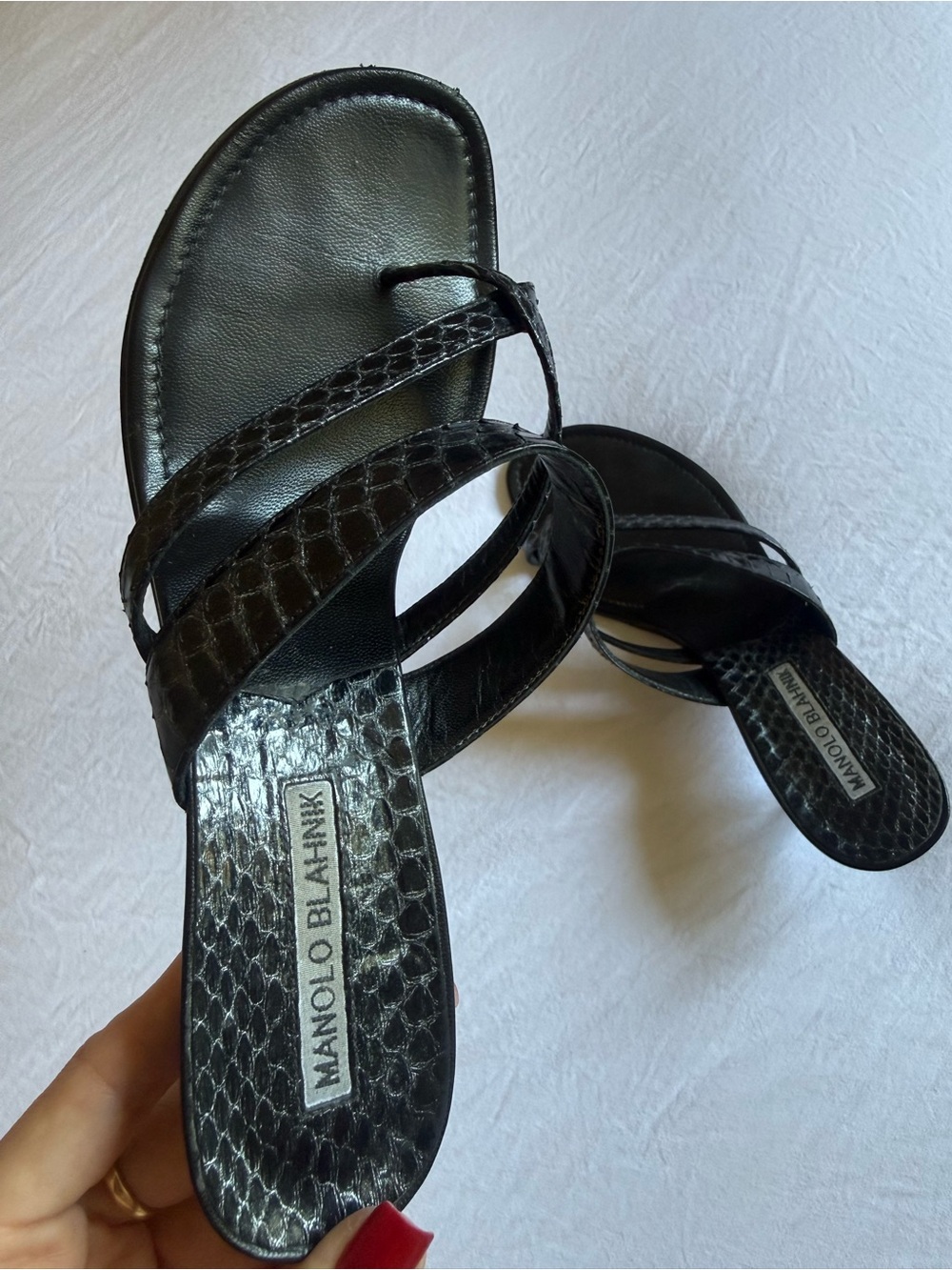 Vintage Manolo Blahnik Black Snakeskin Susa Mules/Sandals on kitten heels - Picture 8 of 13